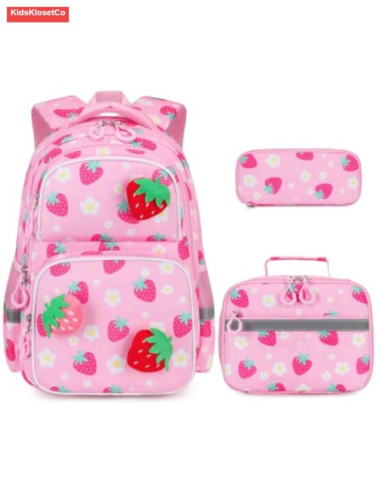 Other - 3D Plush Strawberry Backpack Set with Lunch Box & Pencil Case for Girls School